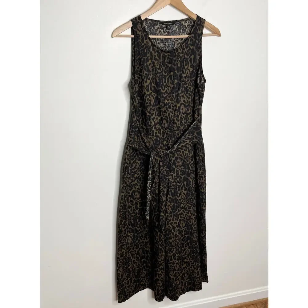 Banana Republic Womens Linen Blend Wide Leg Jumpsuit 6 Green Leopard Belted Tie